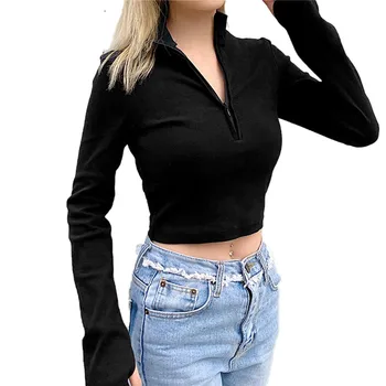 Novi ženski jednobojnu seksi kratak/dugi rukav crop top pamuk mekan casual munja rever tanka majica moda majica