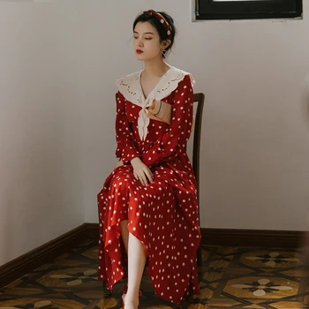 Slatki Grašak Crveni Grašak Donje Haljina Slatka Vez Dugi Rukav Mori Djevojka Princess Wear For Slim Lady Korejski Stil Vestidos Fldas