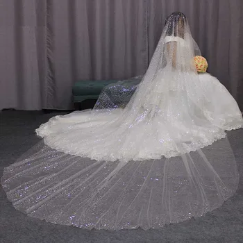 Сверкающая šljokicama vjenčanja veo dužine 4 M, 4 m, jednoslojni srebrne šljokice slonovače tila vjenčanja veo, bez češlja 2019