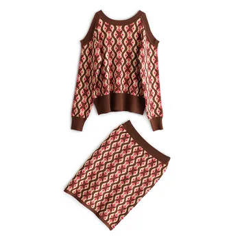 Žene Jacquard Plesti S Ramena S Dugim Rukavima Pulover Džemper + Bodycon Mini Suknja Kostime Za Jesen Ženska Suknja Skup
