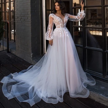 Seksi bujna rukava na V-izrez haljina wedding jeftini tila A-line djeveruša Haljina Vestidos De Novia Princess Party Dresses 2019