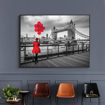 Crna i crvena london bridge moderno slikarstvo ulje na platnu, Cuadros plakata i grafika nordijsko zidno slikarstvo za dnevni boravak