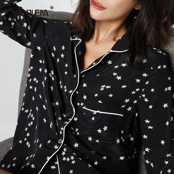 Bijela zvijezda predložak svila crna dama pidžama moda žene skup Usjek rever dugi rukav košulje VERLENA 2018 spavaća odijevanje