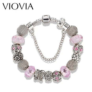 VIOVIA moda DIY nakit leptir narukvice i narukvice srebrna boja staklo europska šarm perle, narukvice za žene B16062