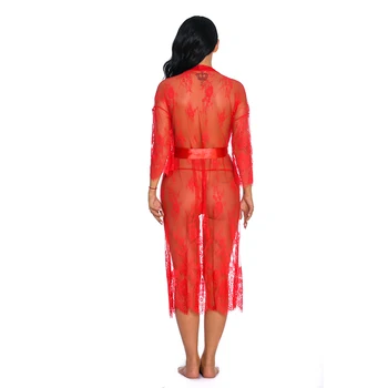 2020 New Women ' s Sexy Lace Perspective Lingerie Sheer Mesh Lace Up Long Skirt Fancy Underwear Teddy Robe pidžama S-XXL PlusSize