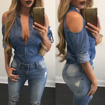 Moda Ženska dame svakodnevni imitacija trapera dugi rukav majica top Bluza ženske seksualne bez naramenica V-izrez bluze slobodan