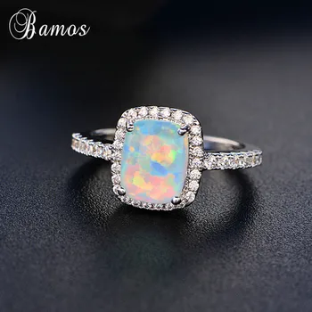 Bamos Purple/White/Blue Fire Opal Square Promise Ring Fashion Big Wedding Rings For Women Luxury Birthstone Jewelry Accessories