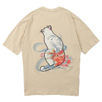 Riba Mačka Vez Hip Hop T-Shirt Muški 2020 Ulica Odjeća Oversize Kratkih Rukava 2020 Japanski Stil Majice Harajuku