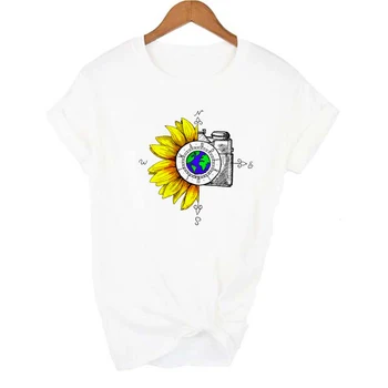 Women Graphic Sunflower T-shirt Watercolor Female Print Vintage World Compass Camera Flower Ladies Camisas Mujer Tee Tops tkanina