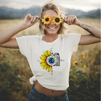 Women Graphic Sunflower T-shirt Watercolor Female Print Vintage World Compass Camera Flower Ladies Camisas Mujer Tee Tops tkanina