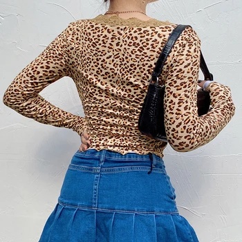 IAMHOTTY y2k Leopard Print Lace Patchwork Ženska odjeća jesen dugi rukav Sigle Button Vintage UK estetski Ženska majica
