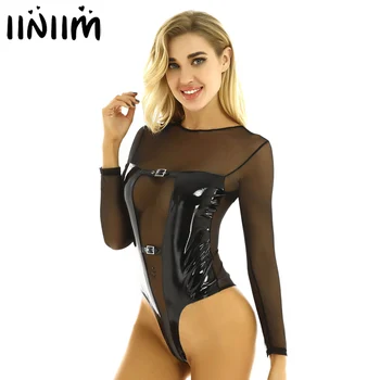 Susret vama.na womens Wetlook Bodysuit Catsuit Leather Lingerie Bodystocking See through Latex Leotard Sexy Night Parties Bodycon Femme Costume