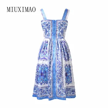 MIUXIMAO 2021 ljetna haljina novi dolazak kvadratnom ovratnik bez rukava elegantan porculan ispis gumb dužine do koljena haljina žene