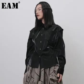 [EAM] žene crni Split zglob umjetna koža bluza novi rever dugi rukav slobodna ukrcaj košulja moda plima proljeće i jesen 2021 1H263