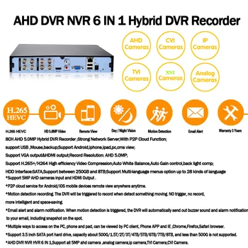 H. 265 8CH 6 IN 1 5MP Digital Video Recorder Hybrid NVR 5MP AHD DVR podrška 5MP AHD TVI CVI analognih i IP kamera podrška 3G Wifi P2P