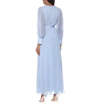 Visoke Ulične mode ljeto dugim rukavima plava haljina šifon haljine žene V-izrez stranke Vestidos 2020 visokim Strukom Bodycon nabrane