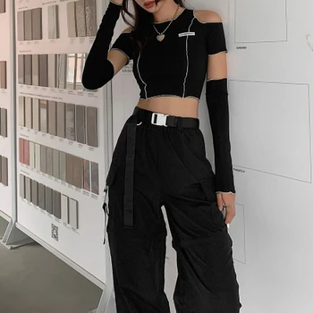 Ulični e-djevojka Stil patchwork crne majice gotička jedno rame rukava Y2K usjeva vrhovima ukrašen rub hip-hop Techwear žene Tee