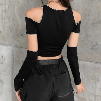 Ulični e-djevojka Stil patchwork crne majice gotička jedno rame rukava Y2K usjeva vrhovima ukrašen rub hip-hop Techwear žene Tee
