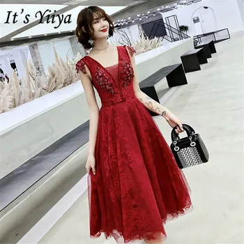 To Yiiya Prom Dresses Plus Size Elegant vestidos de gala Burgundy V-izrez bez rukava i kratke ženske večernje haljine 2020 E1283