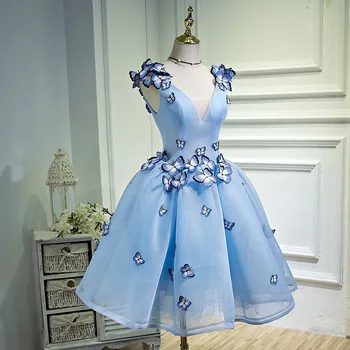 Nova moda 2020 V izrez plavi koktel haljine s leptirićima oblog kratko loptu haljina stranke Vestidos