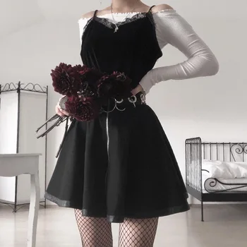 Crna cool punk žene PU kolaž suknje 2020 Lolita Dama visokim Strukom prorez željeznog prstena gotička Hipster munja Gothic Плиссированная suknja
