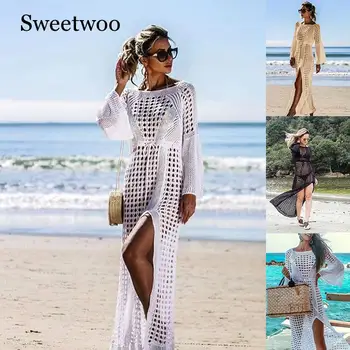 Žene Bikini Cover Up Kupanje Sheer Lace Long Beach Maxi Prelomi Suknje Sarong Ljeto Split Suknja-Cover-Ups Crna Bijela Ružičasta