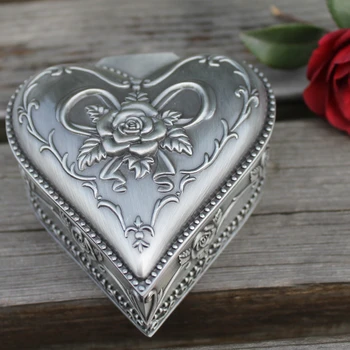 IMUWEN klasicni kositar premazom oblik srca cvijet urezani metalna kutija za nakit, cink legura privjesak poklon kutija