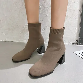 Čarapa Čizme, Štikle Žene Metal Visoku Petu Elastične Čizme I Cipele Žene 2020 Jesen Zima Kratke Booties Dama Crna Kaki