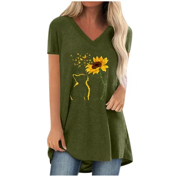 40# T-shirt Tops Women Elegant Casual Plus Size Cat And Sunflower Printing V-izrez kratkih rukava duga majica T-shirt-Top Majice