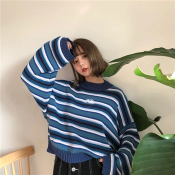 Cotday Korejski Harajuku Pismo Pun Rukav Kardigan Odjeća Slobodan 2020 Moda Autnmn Prugasta Student Ženski Džemper, Pulover