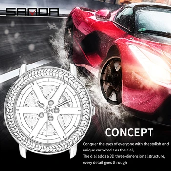 SANDA Car Wheel Dial jedinstvene mens mreže čelika remen kvarc vodootporan sportski sat cool muške avion ručni sat