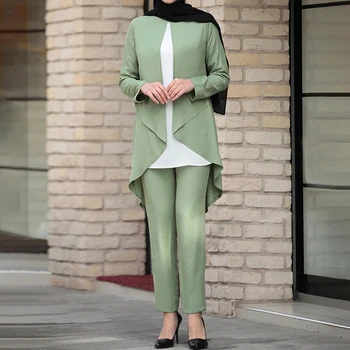 Siskakia muslimanske ženske 2 kom. Komplet puna kardigan asimetrija top dugih rukava s hlačama turski Dubai Bliski Istok Abaja kit