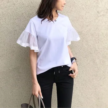 Svakodnevne ženske majice s расклешенными rukavima ljeto 2021 koreja Japan mrežica za rukav običan t-shirt ured lady radnici vrhovima bijela Бальк novi šik