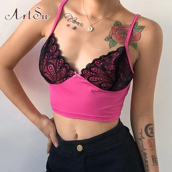 ArtSu Black Lace Pink Crop Top Sweet E-Patchwork girl Seksi Cami Tops Summer Strap Deep V neck Backless Streetwear VE52268