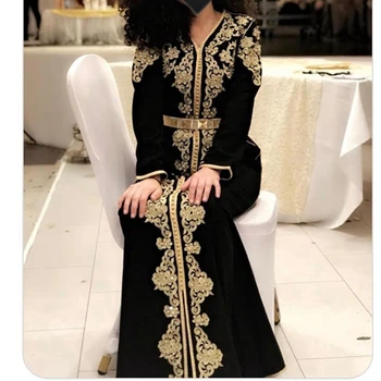 Visoka kvaliteta velur Marokanski kaftan haljine s dugim rukavima zlatne aplicirano a-line muslimanska Arabija Prom haljina Islamske haljina