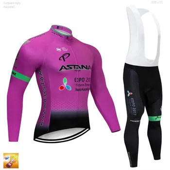 2019 Bike Team Purple ASTANA Cycling Jersey Pants Set Men 16D Jastučići Long Sleeve Ropa Ciclismo Cycling Wear Maillot Culotte
