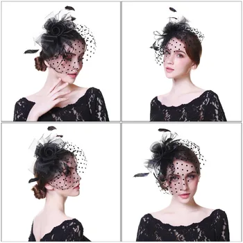 WELROG Women Fancy Sinamay Feather Wedding Party Headwear Fascinators veo pero točka ispis pređe оголовье kape s isječcima