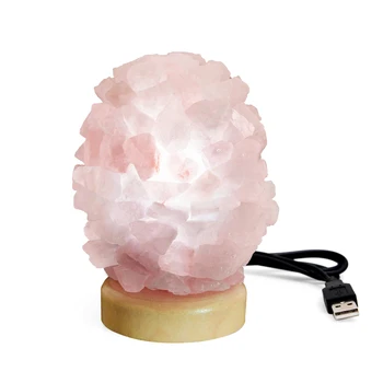 Crystal USB Rose Quartz Lamp Light Natural Indoor Led Warm Light Table Bedroom On Wood Base Decoration Bulb