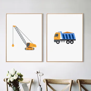 Crtani film dizalica buldožer valjkasti kamion viličar skandinavski plakata i grafika zid umjetnost platnu Slikarstvo zidne slike dekoracija za dječju sobu