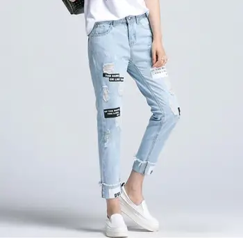 2020 Proljeće Pismo ispis poderane traperice nova moda ljeto gumb Fly prosječna struk Ženske hlače plave džep svakodnevne traperice p433