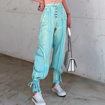 2020 ljetna moda svijetle boje traperice žene visoki struk noge čipke odgovarajući gumb гаремные bluze
