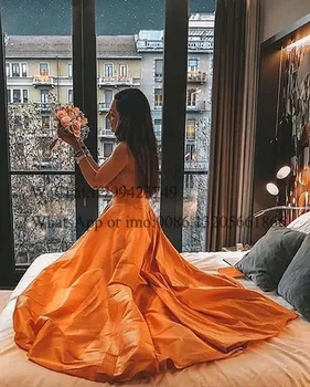 Orange A Line Long Prom Dresses 2021 Seksi V izrez Backless Spaghetti Strap Evening Party Dress For Women