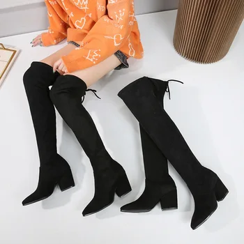 Novi stil čizme Ženske baršun istakao čarape visoke noge čizme na visoku petu mršavljenje bedra čizme iznad koljena čizme
