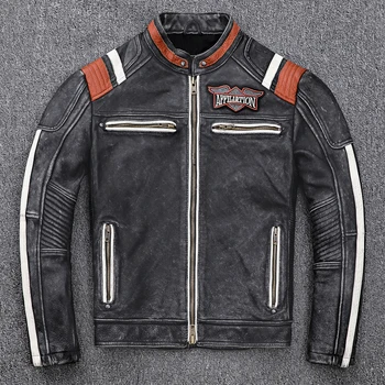 2021 Vintage Black Men kožna jakna motociklist lubanju vez plus veličina 3XL prirodni štavljena goveđa koža kratko байкерское kaput besplatna dostava