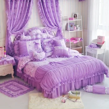 Pamuk ljubičasta cvjetni djevojka Princeza posteljina komplet Blizanac kraljica king size deka krevetu komplet posteljina, jastučnica