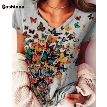 Cashiona žene elegantan slobodno vrijeme casual majica u boji leptira ispis V-neck, slobodan plus size Femme vrhovima 2020 ljetnim tees košulja