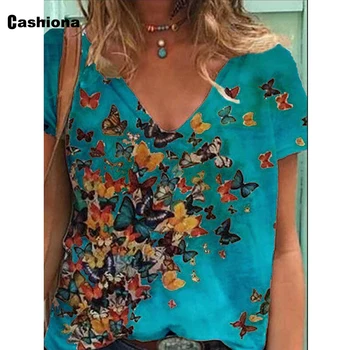 Cashiona žene elegantan slobodno vrijeme casual majica u boji leptira ispis V-neck, slobodan plus size Femme vrhovima 2020 ljetnim tees košulja