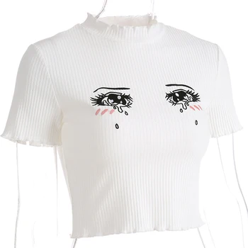Žene suze oči vez usjeva vrhovima Soild Bijeli t-shirt ljeto kratkih rukava pletene Bodycon obrezane vrhovima