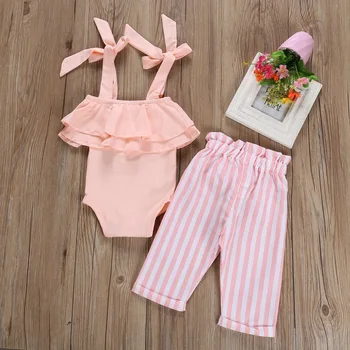 Moda 2 kom. bebe novorođenče novorođenče djevojke skup pink ukrašen remen klizači + prugaste hlače odjeću odjeća Princeza skup ljeto