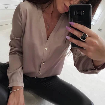 Svakodnevne v izrez ženske majice i bluze dame dugi rukav gumb office košulje 2019 ženske čvrste jesen Blusas Mujer De Moda